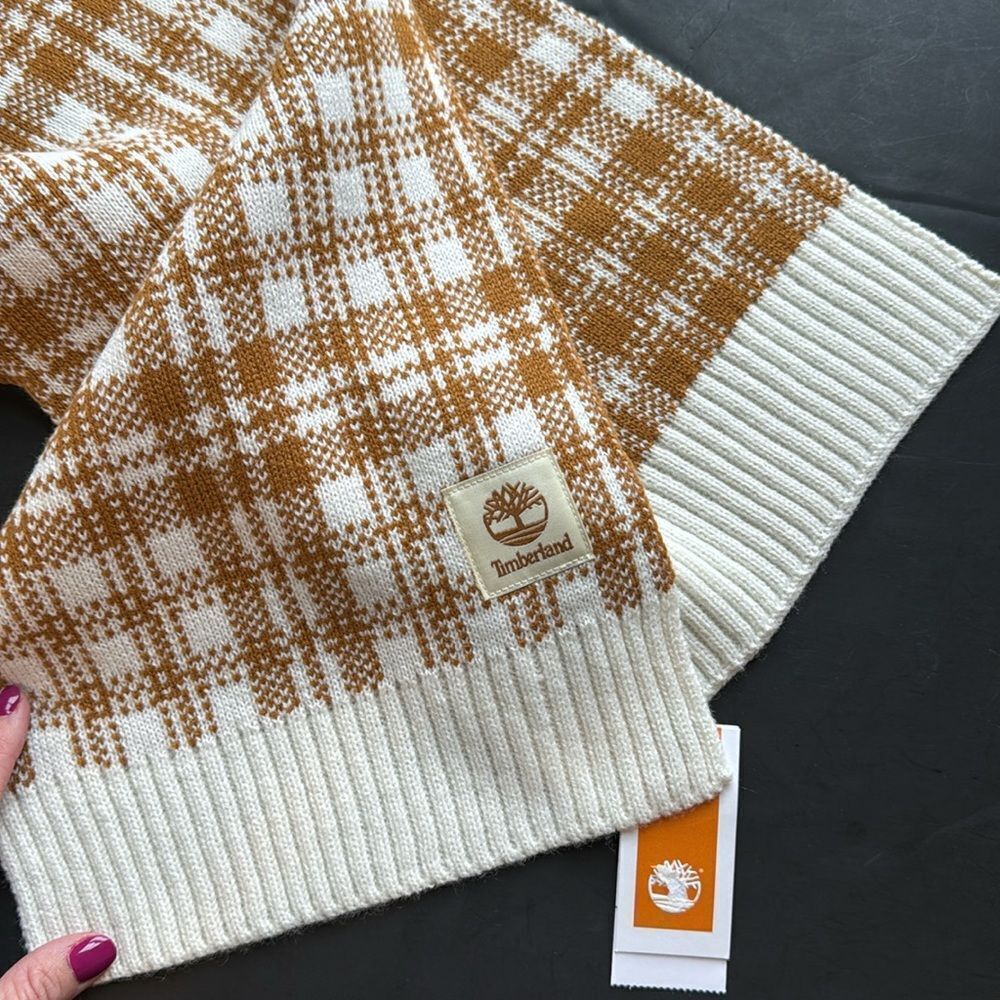 NWT Timberland‎ Buffalo Plaid Knit Scarf Cozy Logo Checkered Tan Cream